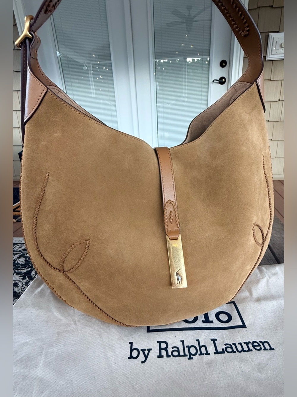 Polo Ralph Lauren Suede Leather Whipstitch Shoulder Bag Caramel Tan NWT MSRP$948
